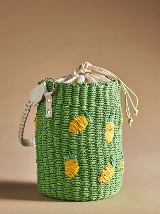 Anthropologie Handbags - Anthropologie Green Lemon Raffia Woven Bucket Crossbody Bag